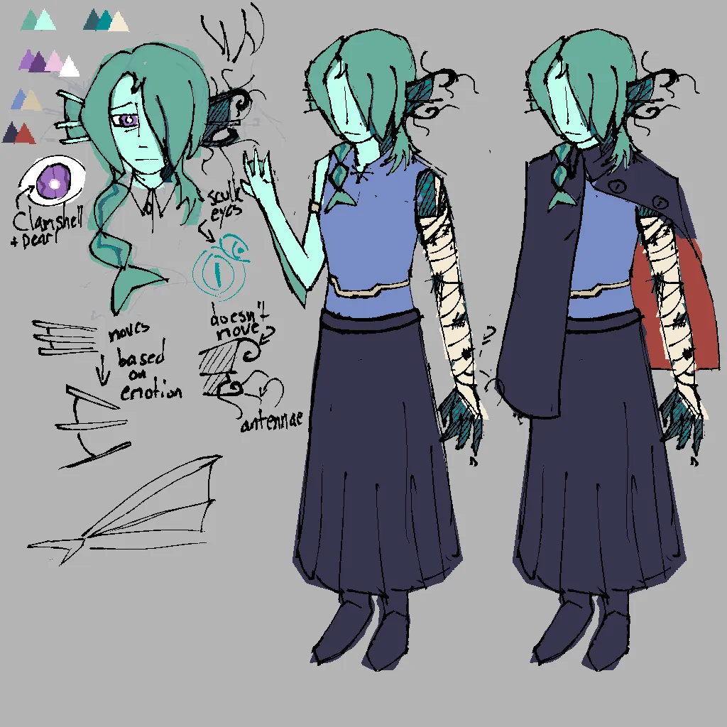 Character design for Sari, a humanoid aquarian with a curse.