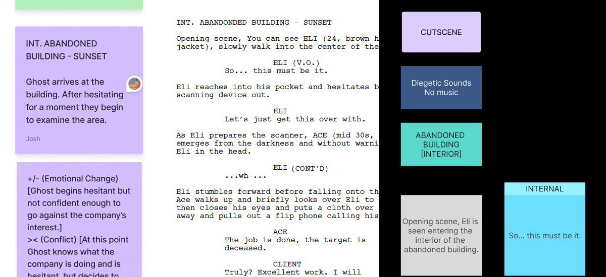 Beat sheet to flowchart, showing how it went from general ideas to a script to a flowchart for game development.