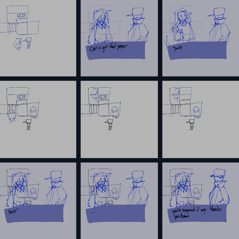 Rough sketches of how the game would play out, showing off dialogue and the planned perspective switching mechanic.