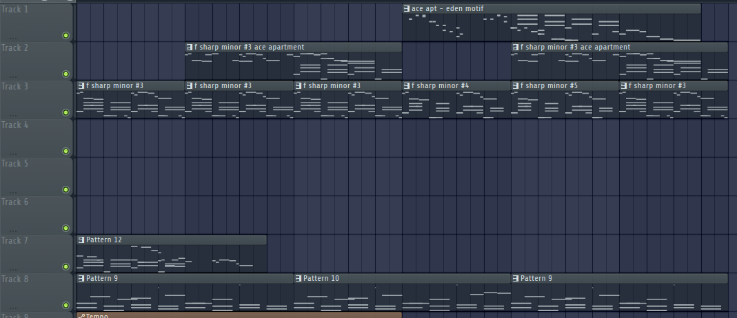 A look at the track for Ace's apartment in FL Studio, the top half being the original track, while the bottom is shows the additions for Eli's perspective.