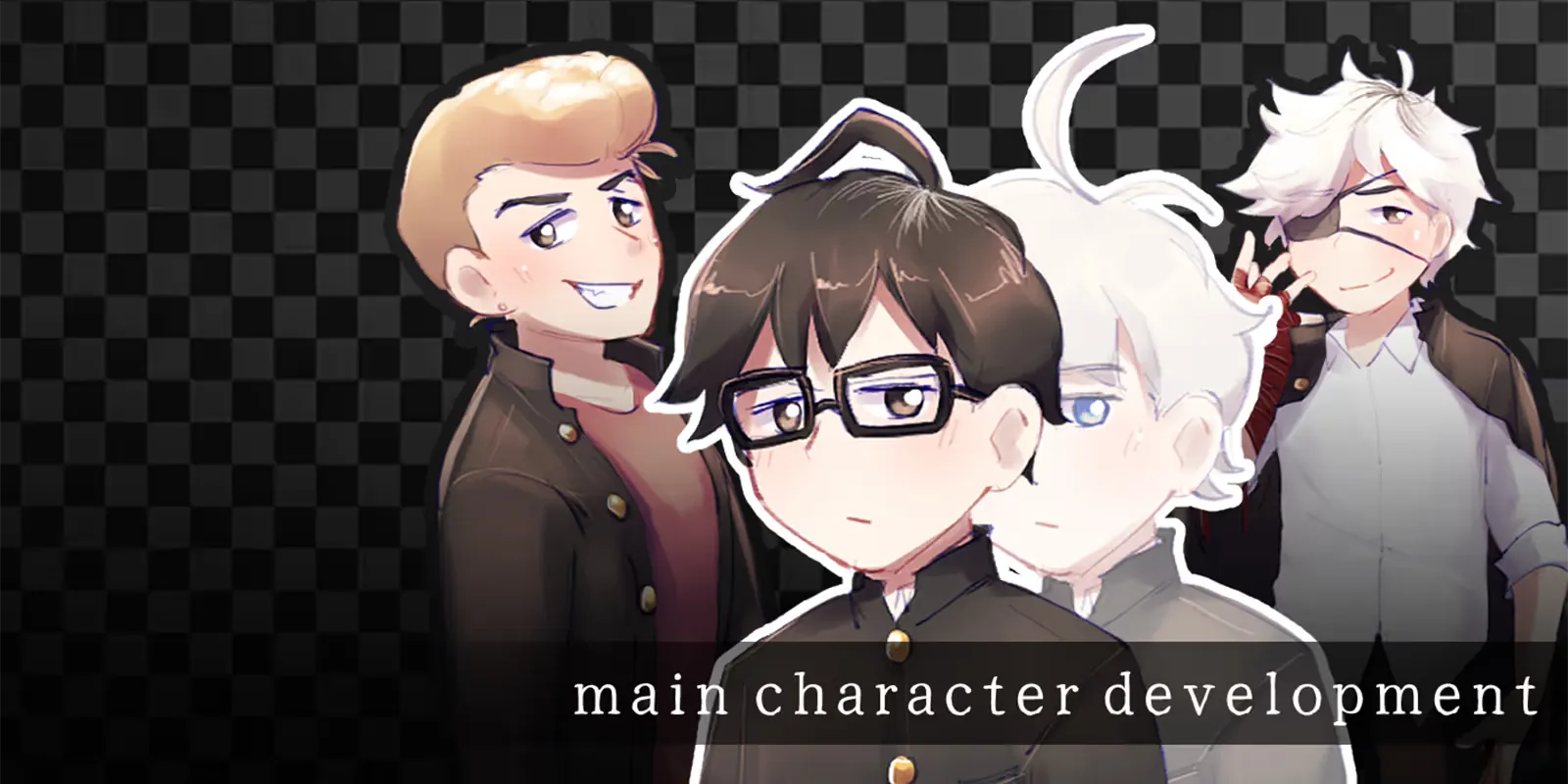 The main title screen for Main Character Development, featuring art drawn by Trisha Wong.