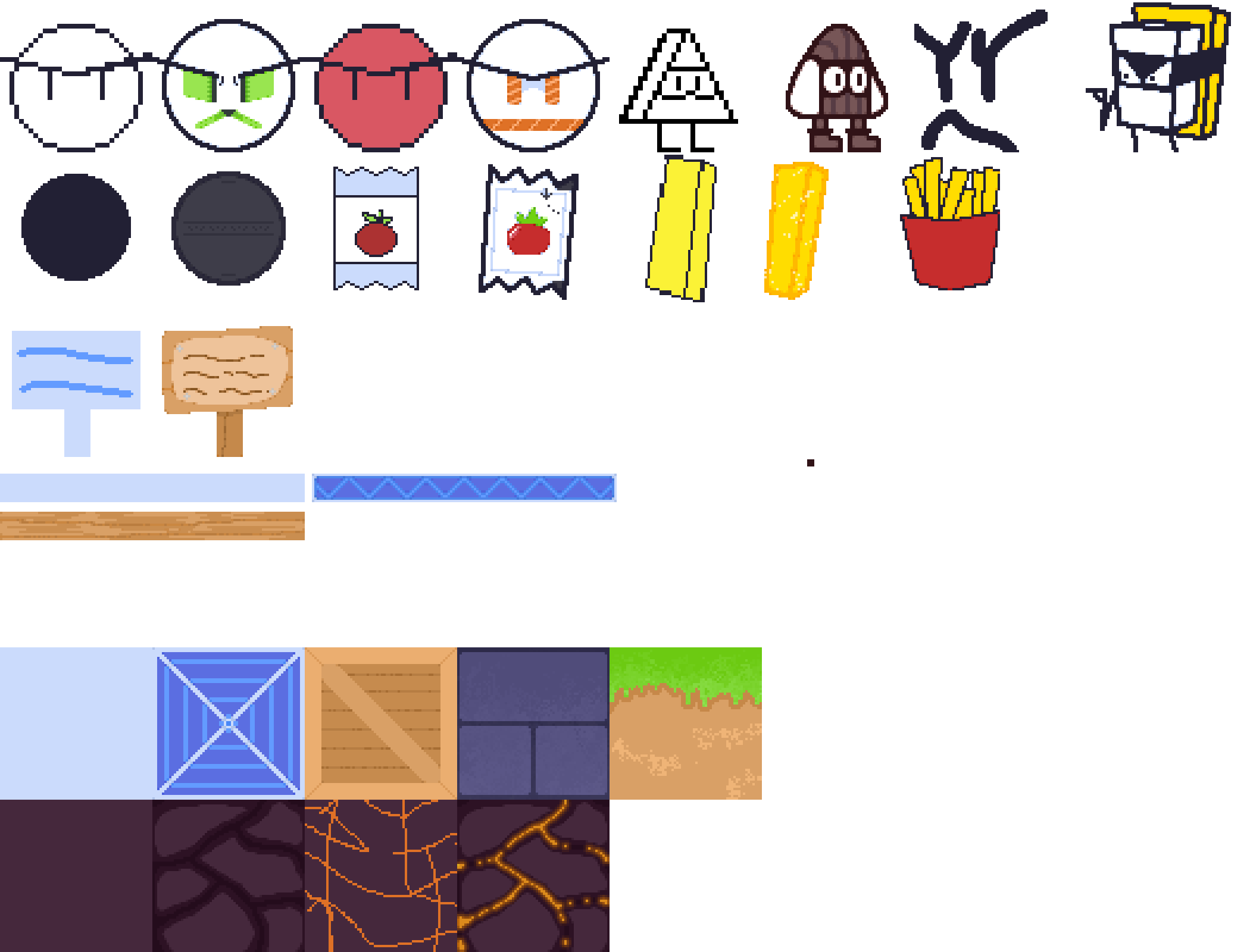 Placeholder sprites placed next to their finalized counterparts. All created in Aseprite by me.
