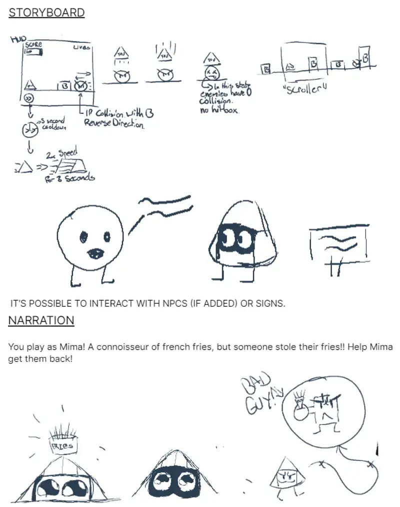Proposal document for Mima's Adventure, it shows planned mechanics and the basic narrative.