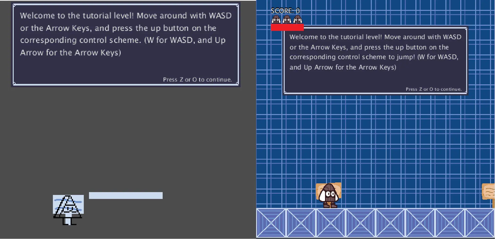 Screenshots of Mima’s Adventure while in development (Left) and finished (Right). Sprites were created in Aesprite.