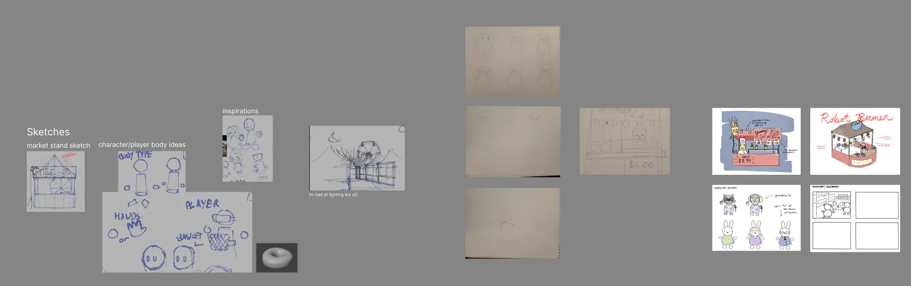 Various concept sketches for the game, creating by Kate, Isabelle and I.
