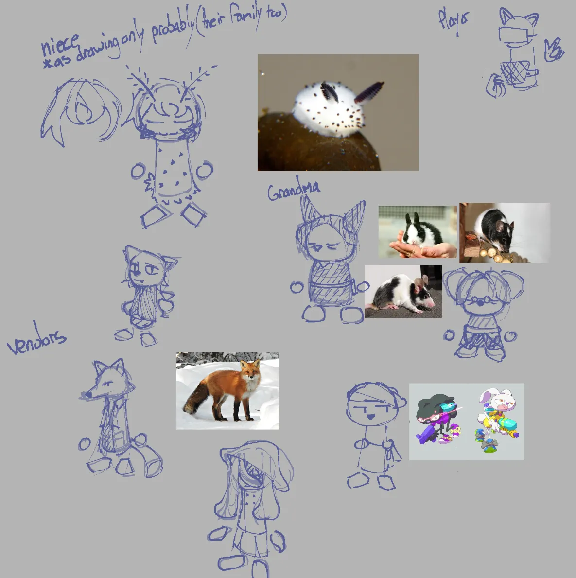 Sketches showcasing the character designs for Grandma and vendors.