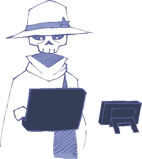 A drawing of my internet persona, a cloaked skeleton with a fedora.